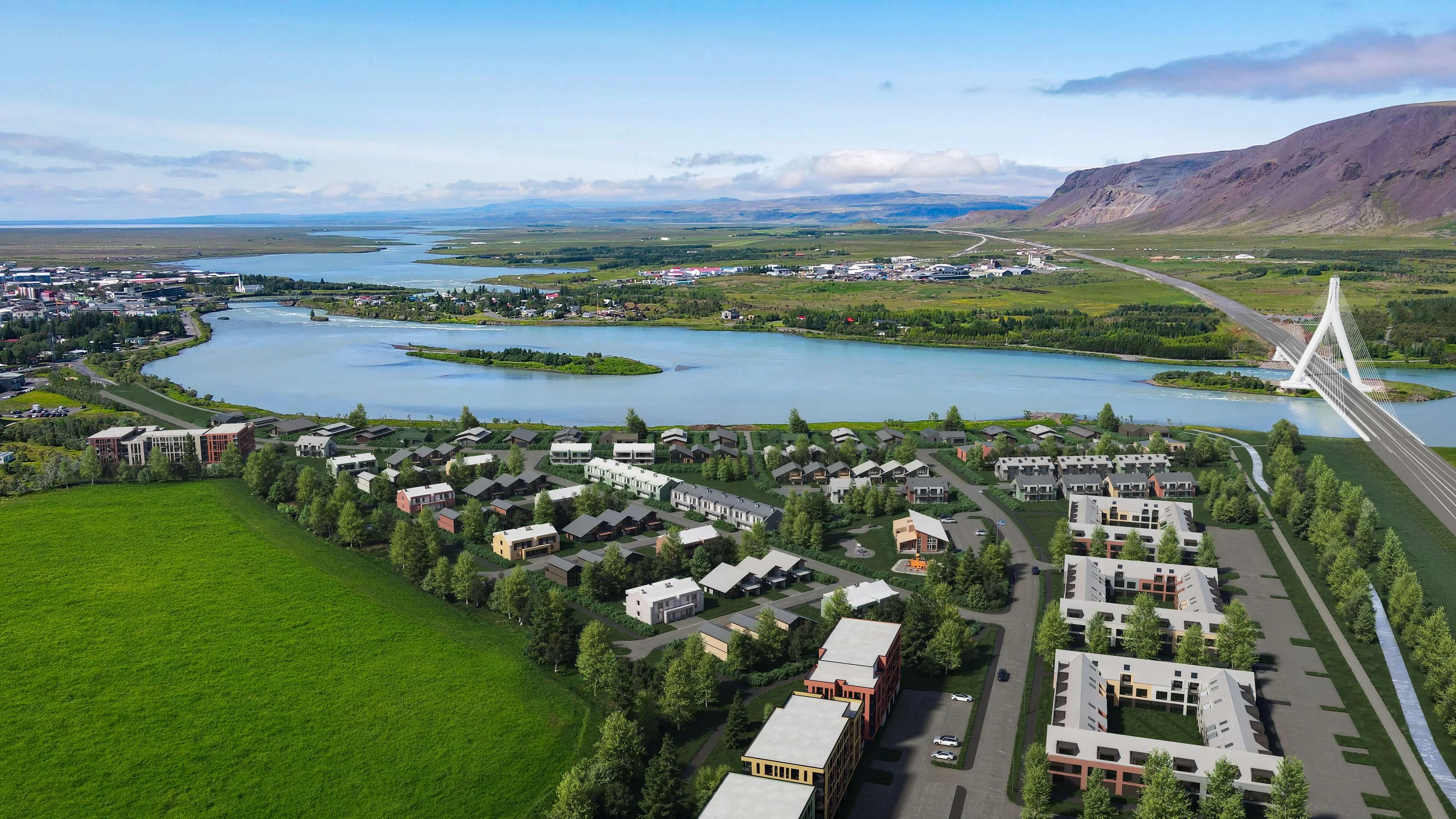 Útsýni yfir nýja hverfið Árbakkann ásamt nýju Ölfusbrú með Ingólfsfjall í bakgrunni